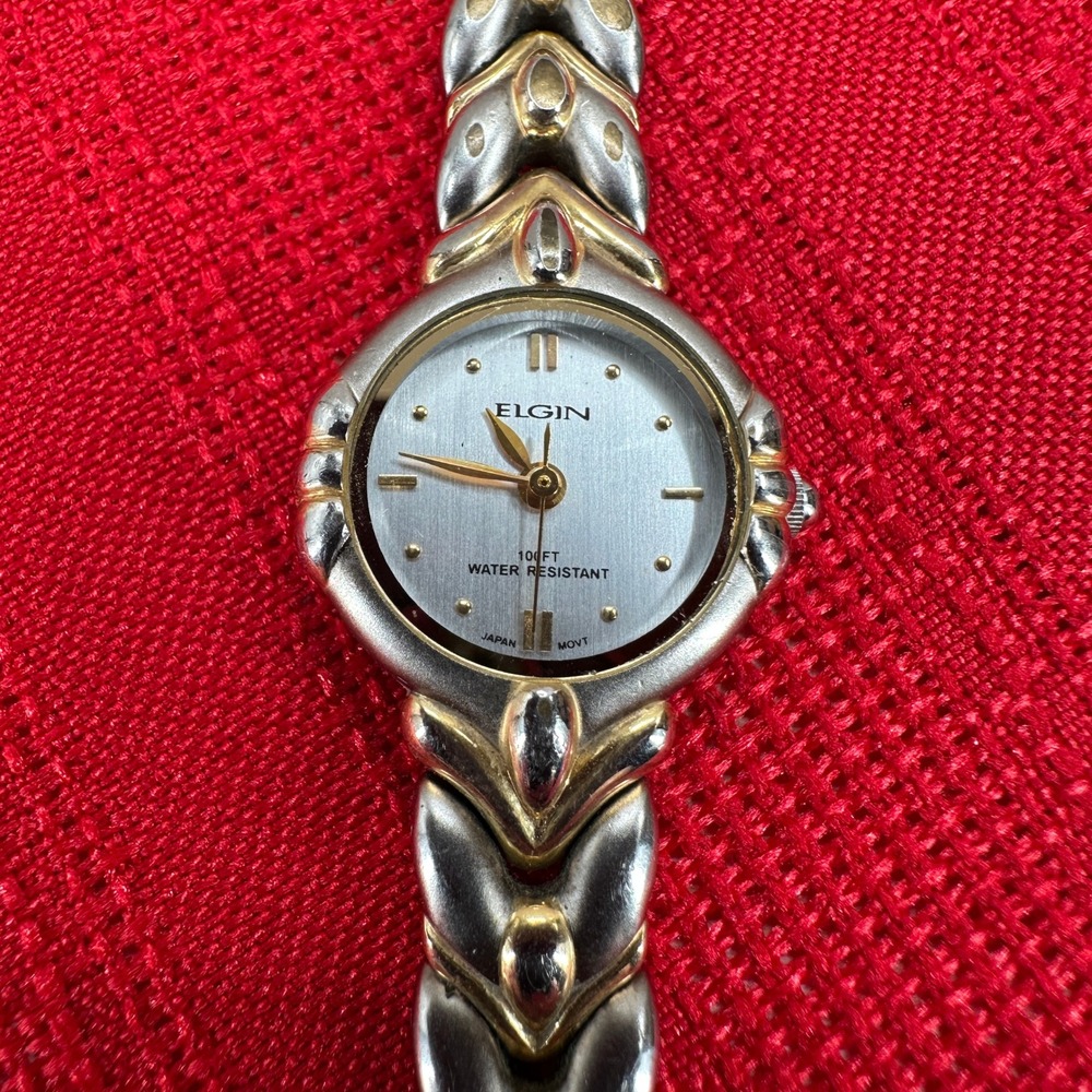 Elgin ELA269 Two Tone Chevron Link Watch 100FT Water‎ Resistant NEEDS BATTERY